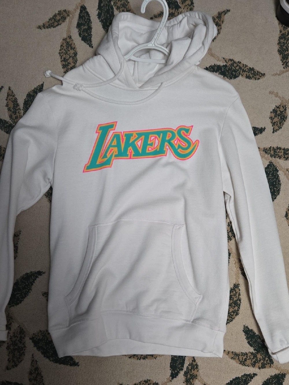 Mitchell & Ness White Lakers Hoodie with Teal and Pink Logo